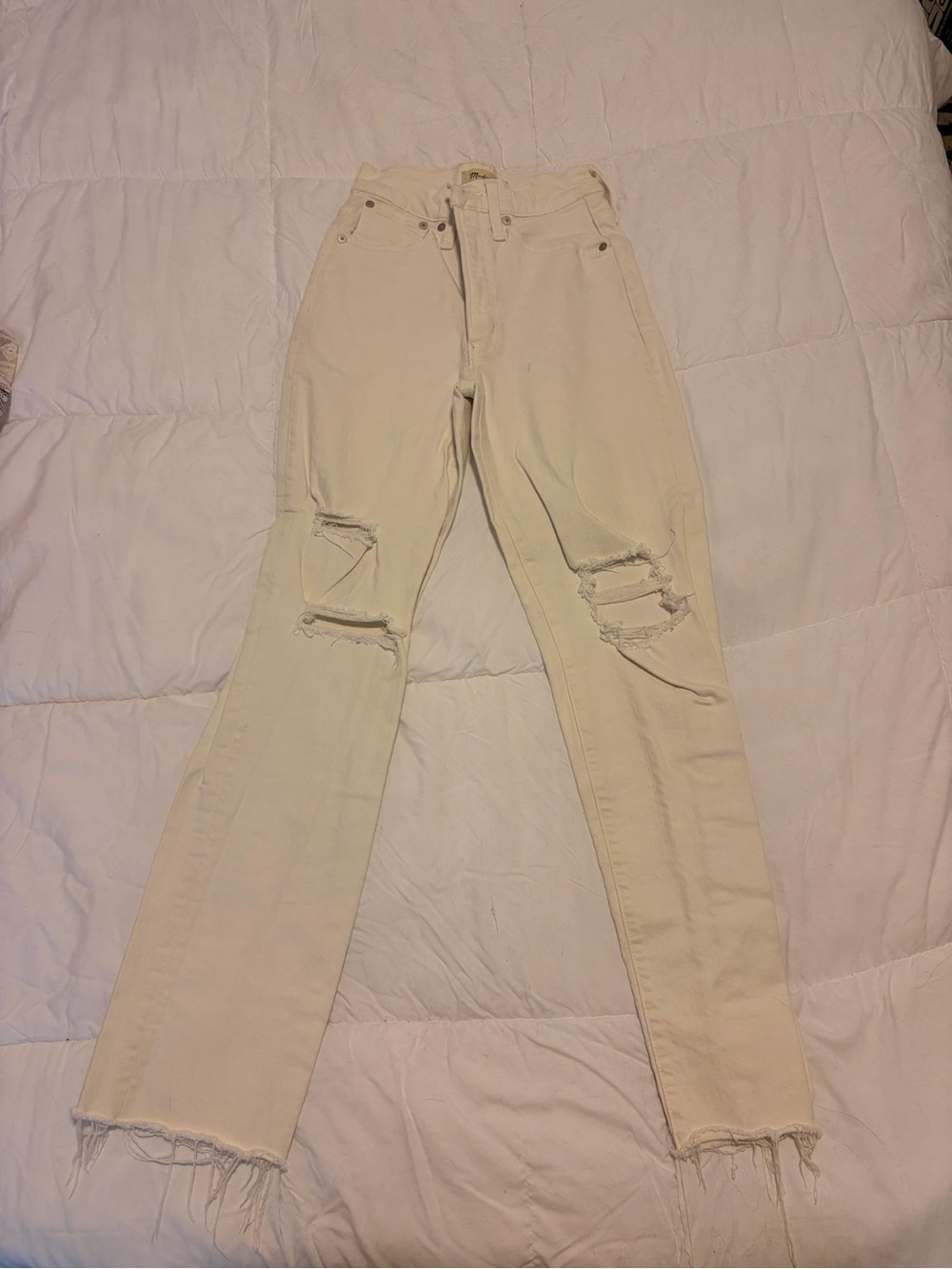 Madewell Cream High-Rise Flare Jeans with Knee Rips